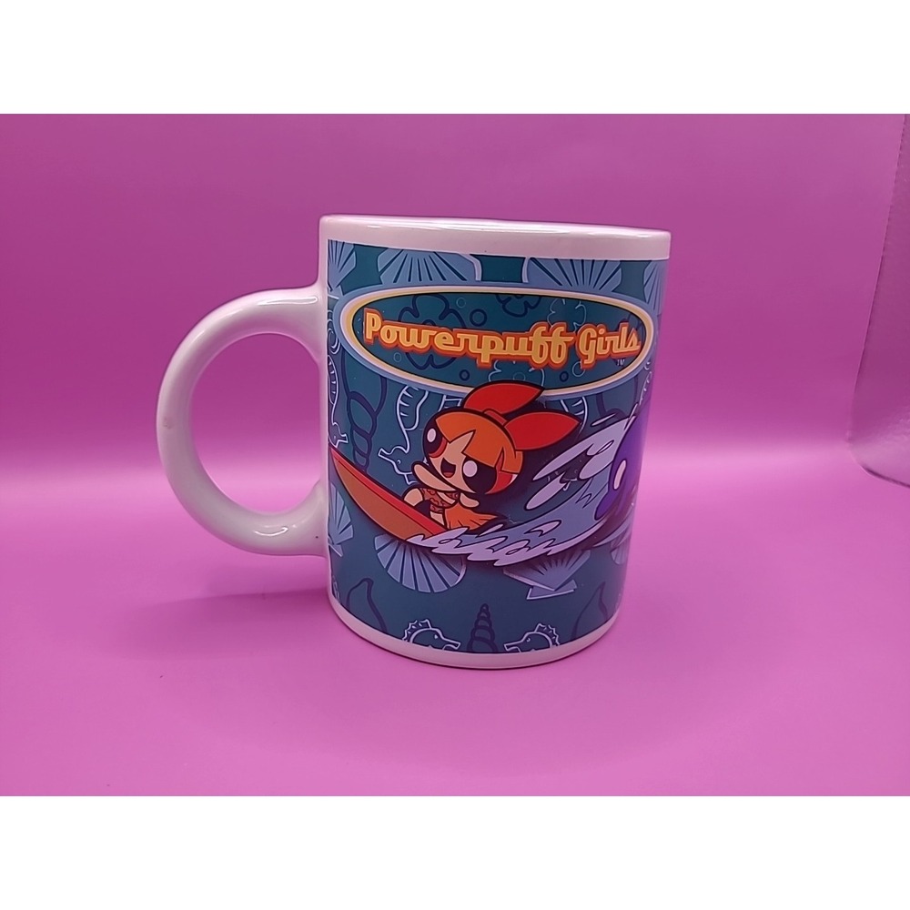 Vintage 2003 Powerpuff‎ Girls Teal Sea Shell Surfing Coffee Mug Cartoon Network